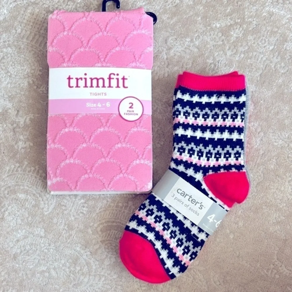 Brand New Girls 3-Pack Carter’s Crew Socks & Trimfit 2-Pack Tights Pink & Cream
